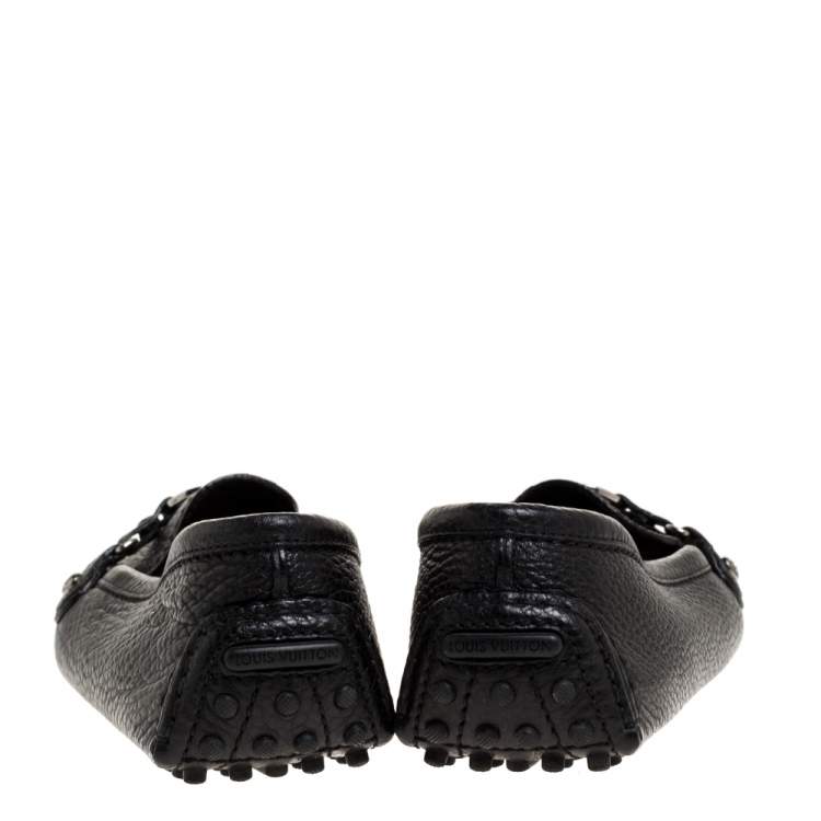 Pre Owned Louis Vuitton Black Textured Leather Monogram Flower Embellished Loafers Size 38