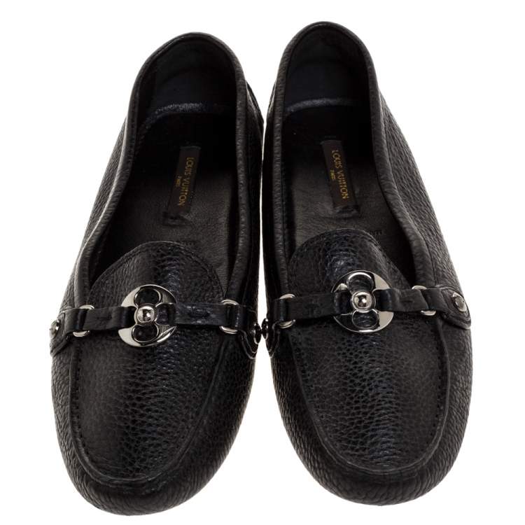 Pre Owned Louis Vuitton Black Textured Leather Monogram Flower Embellished Loafers Size 38