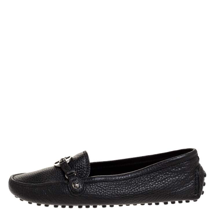 Pre Owned Louis Vuitton Black Textured Leather Monogram Flower Embellished Loafers Size 38
