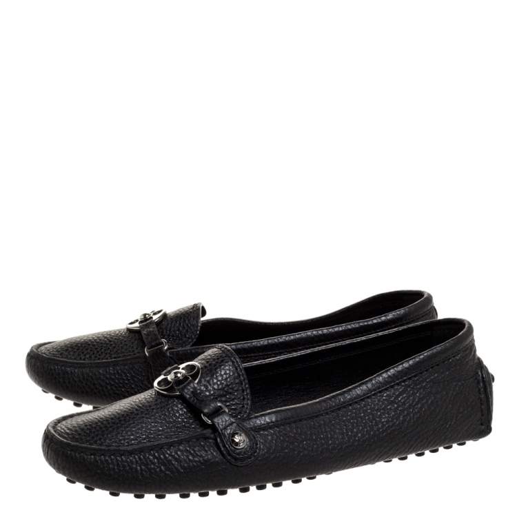 Pre Owned Louis Vuitton Black Textured Leather Monogram Flower Embellished Loafers Size 38
