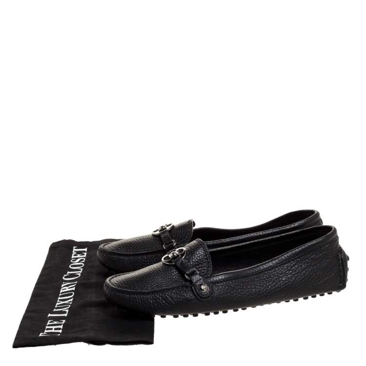 Pre Owned Louis Vuitton Black Textured Leather Monogram Flower Embellished Loafers Size 38