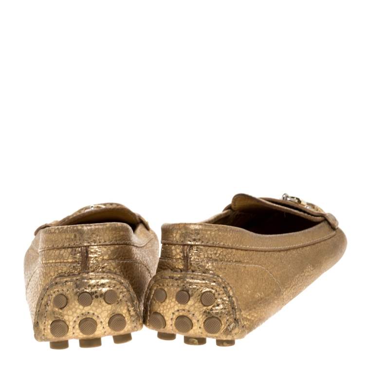 Pre Owned Louis Vuitton Metallic Gold Textured Leather Close Up Loafers Size 40