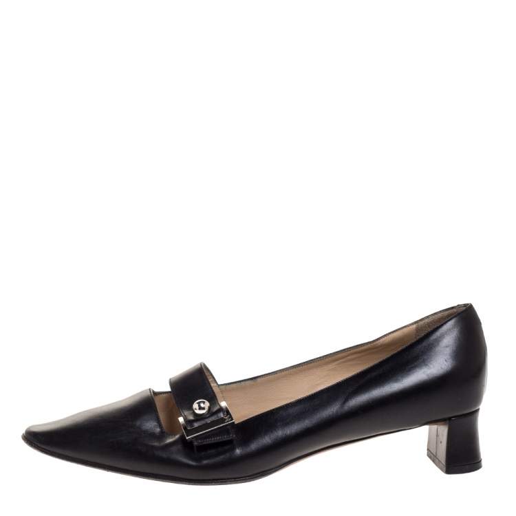Pre Owned Louis Vuitton Black Leather Buckle Embellished Square Toe Pumps Size 38.5