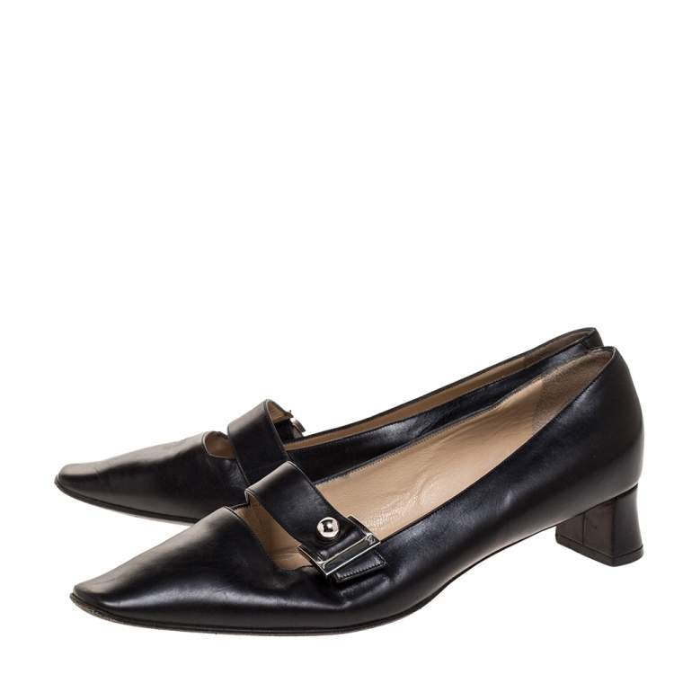Pre Owned Louis Vuitton Black Leather Buckle Embellished Square Toe Pumps Size 38.5