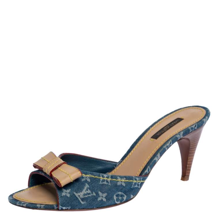 Louis Vuitton Blue Denim Monogram Denim Bow Slide Sandals Size