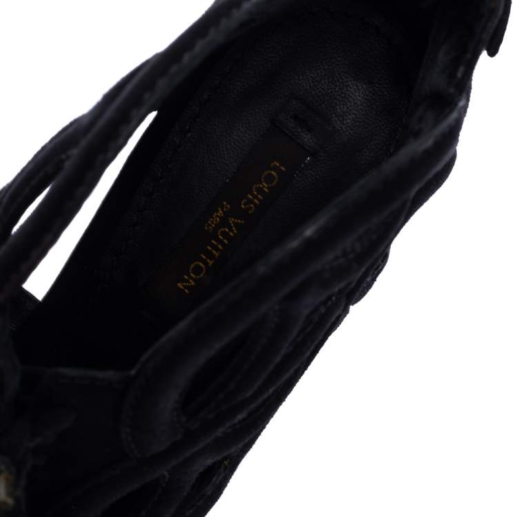 Pre Owned Louis Vuitton Black Suede Cutout Monogram Platform Ankle Boots Size 36
