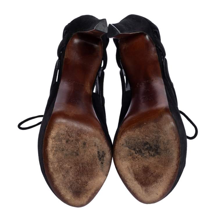 Pre Owned Louis Vuitton Black Suede Cutout Monogram Platform Ankle Boots Size 36