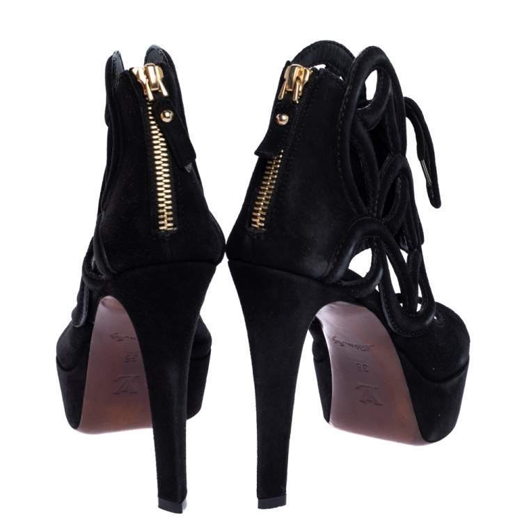 Pre Owned Louis Vuitton Black Suede Cutout Monogram Platform Ankle Boots Size 36