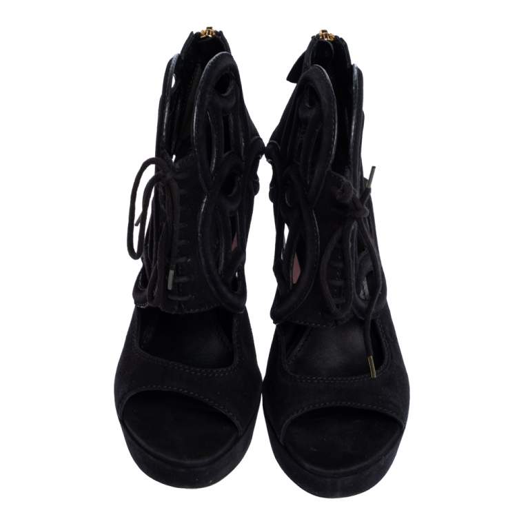 Pre Owned Louis Vuitton Black Suede Cutout Monogram Platform Ankle Boots Size 36