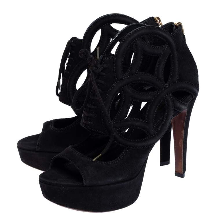 Pre Owned Louis Vuitton Black Suede Cutout Monogram Platform Ankle Boots Size 36