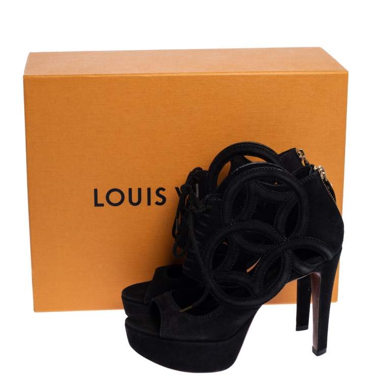 Pre Owned Louis Vuitton Black Suede Cutout Monogram Platform Ankle Boots Size 36