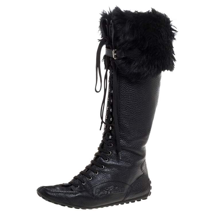 Louis Vuitton Black Leather And Fur Trim Mid Calf Lace Up Boots Size 41 Louis  Vuitton