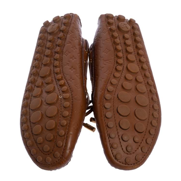Pre Owned Louis Vuitton Monogram Brown Leather Gloria Bow Slip On Loafers 38