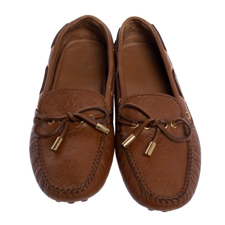 Pre Owned Louis Vuitton Monogram Brown Leather Gloria Bow Slip On Loafers 38
