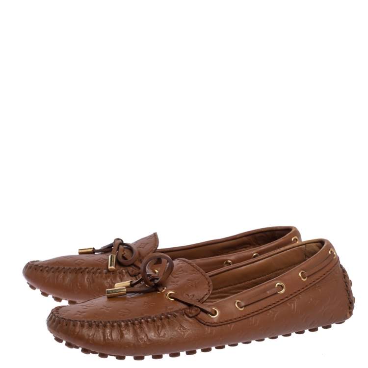 Pre Owned Louis Vuitton Monogram Brown Leather Gloria Bow Slip On Loafers 38