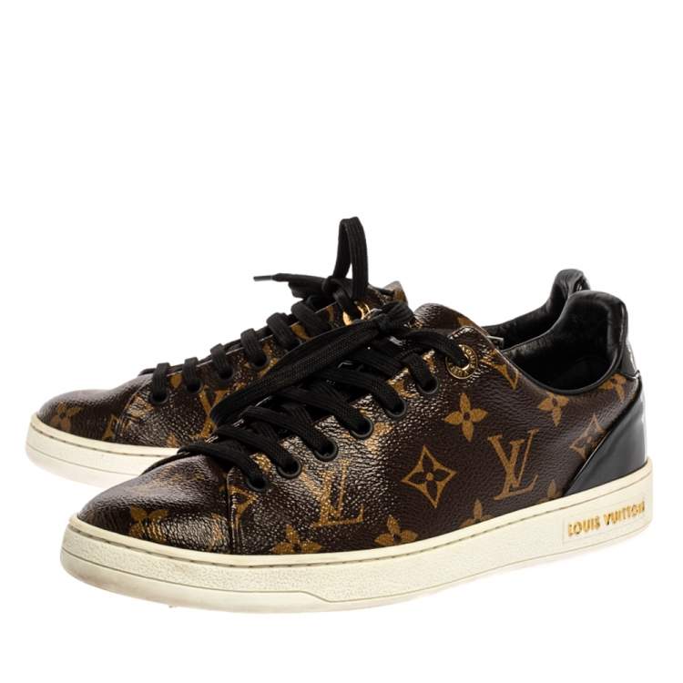 Pre Owned Louis Vuitton Brown Monogram Canvas And Patent Leather Frontrow Low Top Sneakers Size 37.5