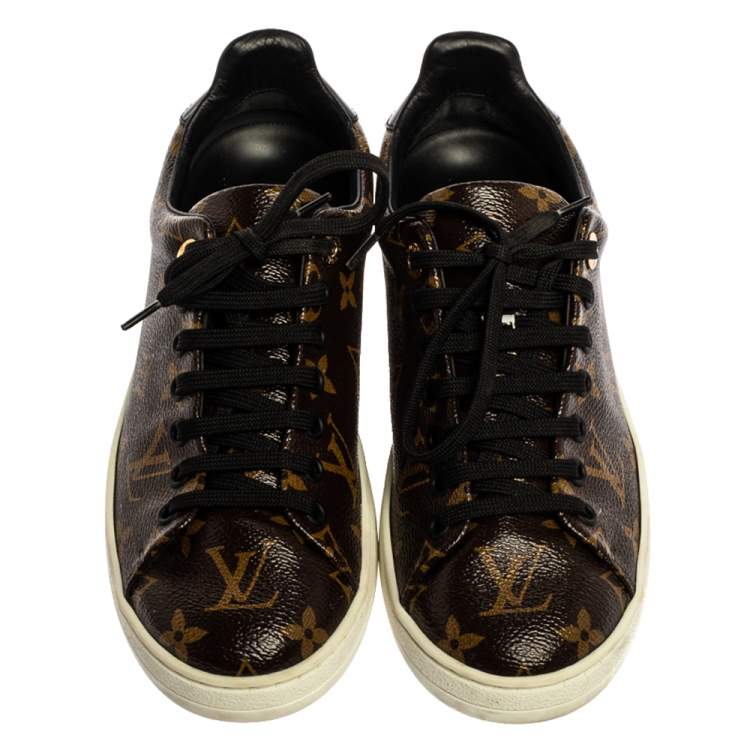 Pre Owned Louis Vuitton Brown Monogram Canvas And Patent Leather Frontrow Low Top Sneakers Size 37.5