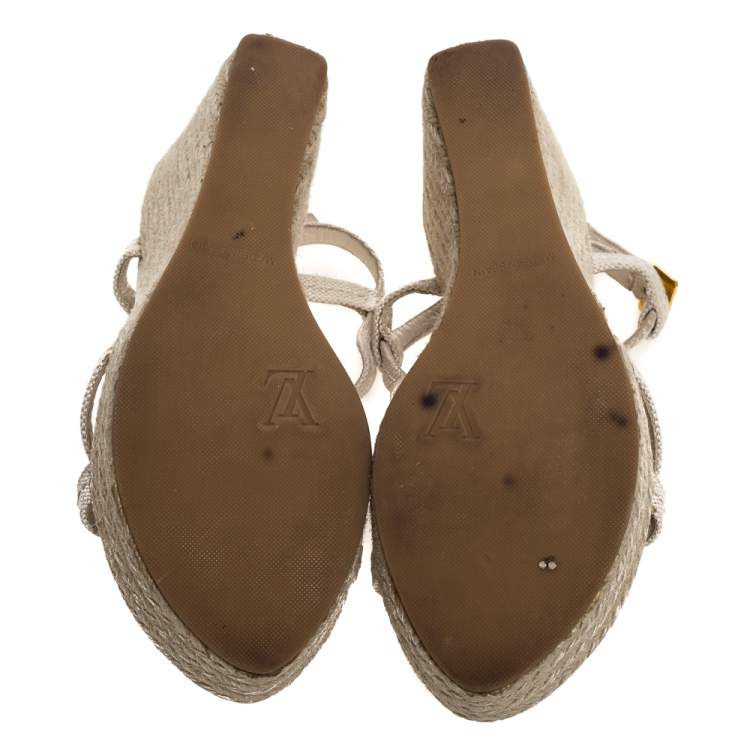 Pre Owned Louis Vuitton Beige Canvas Medallion Leather Detail Espadrille Wedge Platform Sandals Size 37