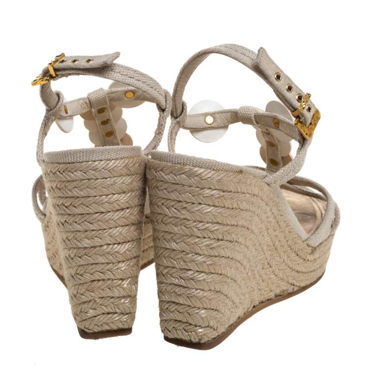 Pre Owned Louis Vuitton Beige Canvas Medallion Leather Detail Espadrille Wedge Platform Sandals Size 37