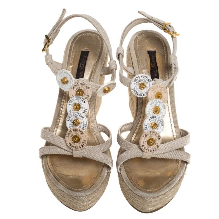 Pre Owned Louis Vuitton Beige Canvas Medallion Leather Detail Espadrille Wedge Platform Sandals Size 37