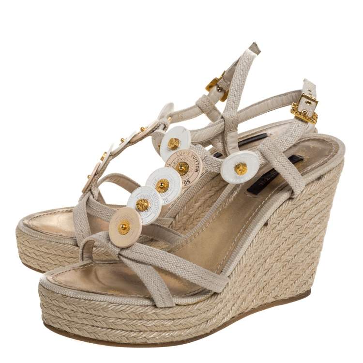 Pre Owned Louis Vuitton Beige Canvas Medallion Leather Detail Espadrille Wedge Platform Sandals Size 37