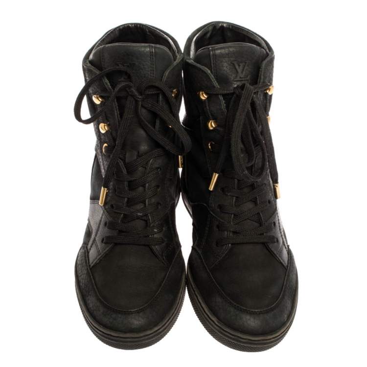 Pre Owned Louis Vuitton Black Monogram Leather And Suede Cliff Top Lace Up Sneakers Size 37