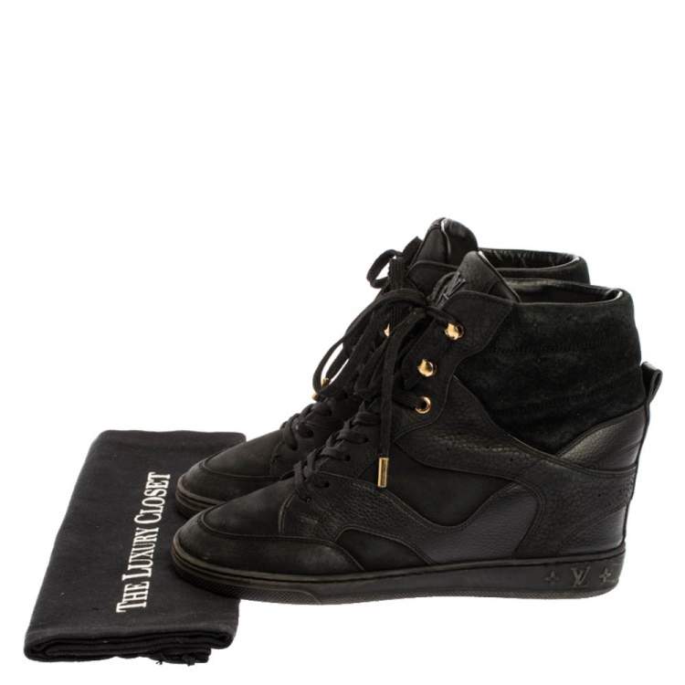 Pre Owned Louis Vuitton Black Monogram Leather And Suede Cliff Top Lace Up Sneakers Size 37