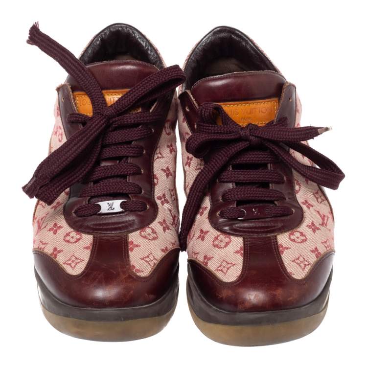 Pre Owned Louis Vuitton Burgundy Leather And Beige Monogram Canvas Lace Up Sneakers Size 38