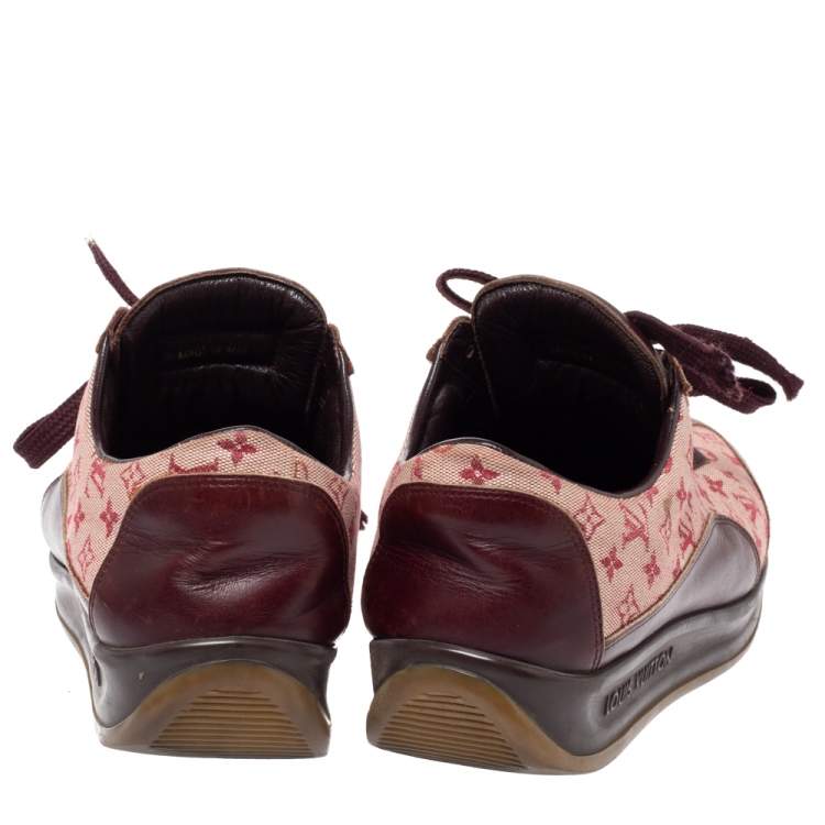 Pre Owned Louis Vuitton Burgundy Leather And Beige Monogram Canvas Lace Up Sneakers Size 38