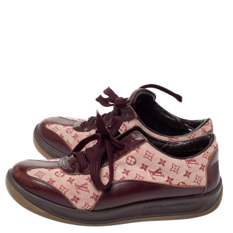 Pre Owned Louis Vuitton Burgundy Leather And Beige Monogram Canvas Lace Up Sneakers Size 38