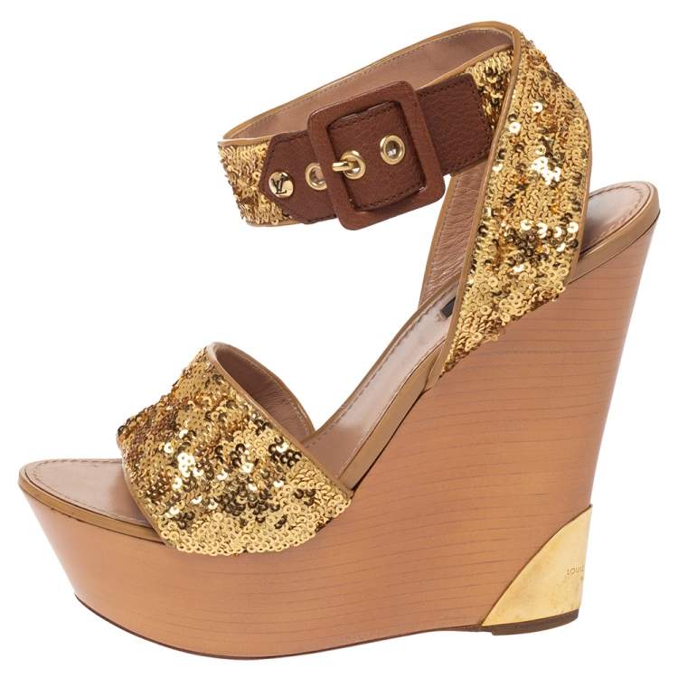Louis Vuitton Brown/Gold Monogram and Leather Strappy Wedge