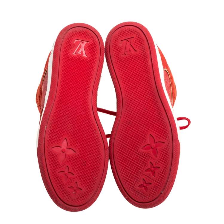 Pre Owned Louis Vuitton Red Suede Monogram Millenium Wedge Sneakers Size 36