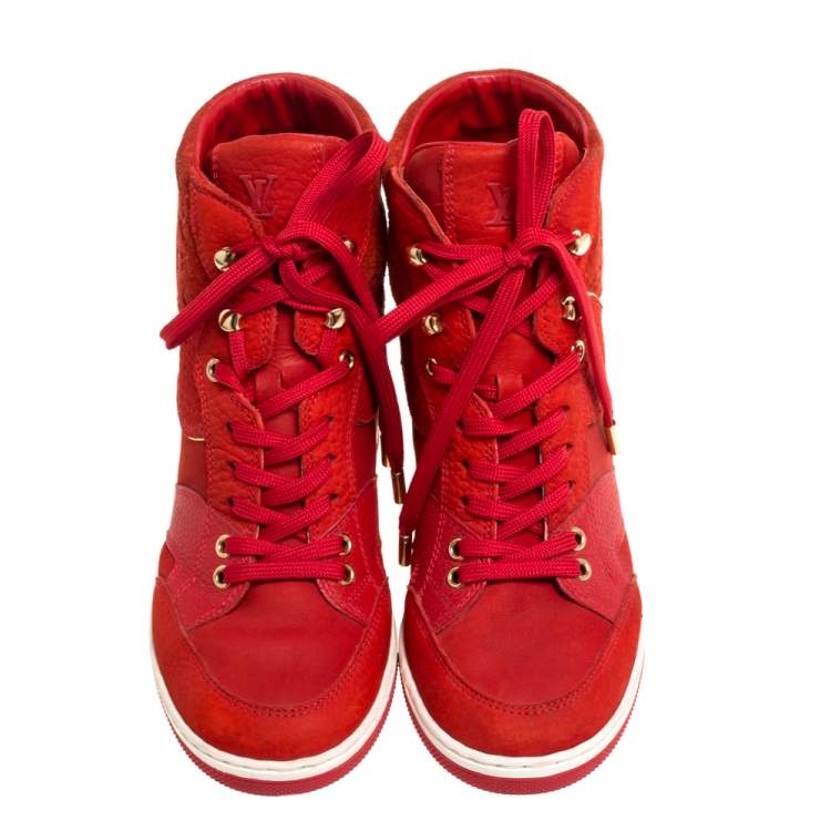Pre Owned Louis Vuitton Red Suede Monogram Millenium Wedge Sneakers Size 36