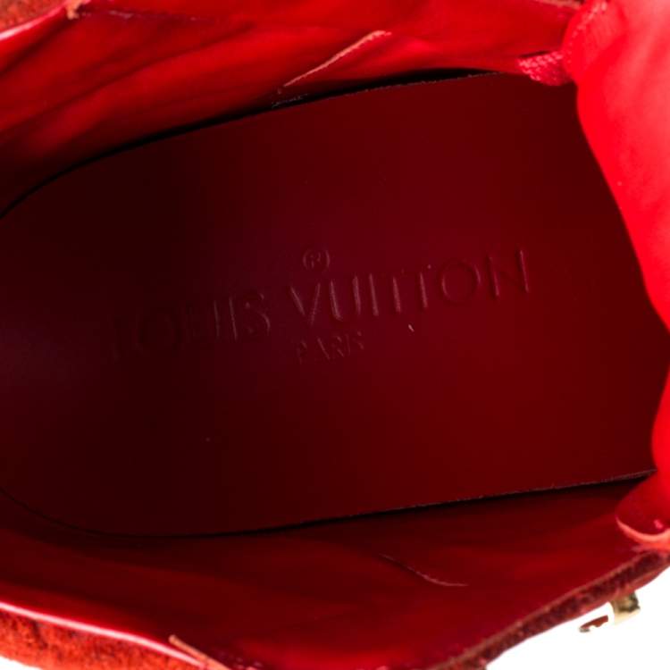 Pre Owned Louis Vuitton Red Suede Monogram Millenium Wedge Sneakers Size 36
