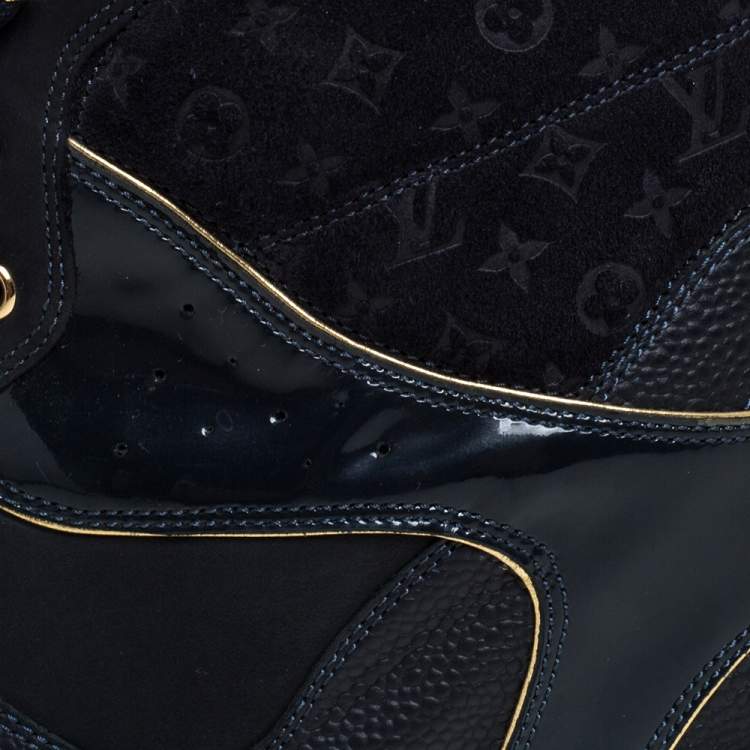 Pre Owned Louis Vuitton Blue Leather Monogram Cliff Top Wedge Ankle Boots Size 39.5
