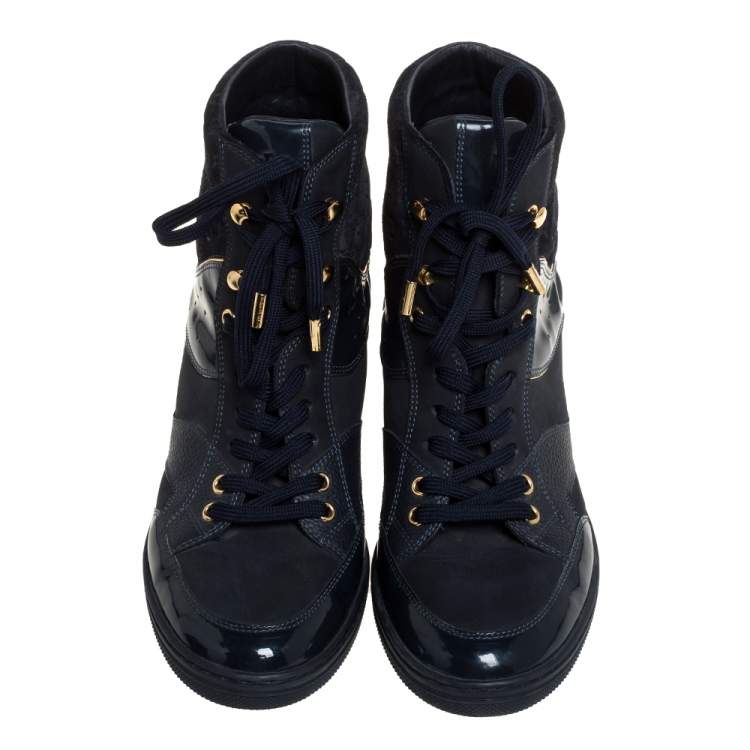 Pre Owned Louis Vuitton Blue Leather Monogram Cliff Top Wedge Ankle Boots Size 39.5
