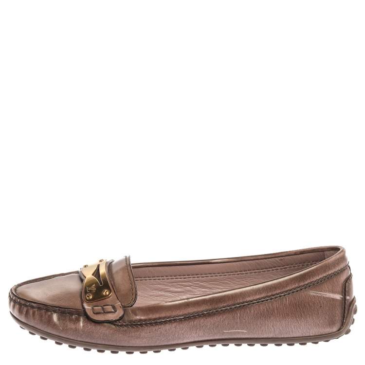 Pre Owned Louis Vuitton Metallic Brown Patent Leather Penny Loafers Size 37