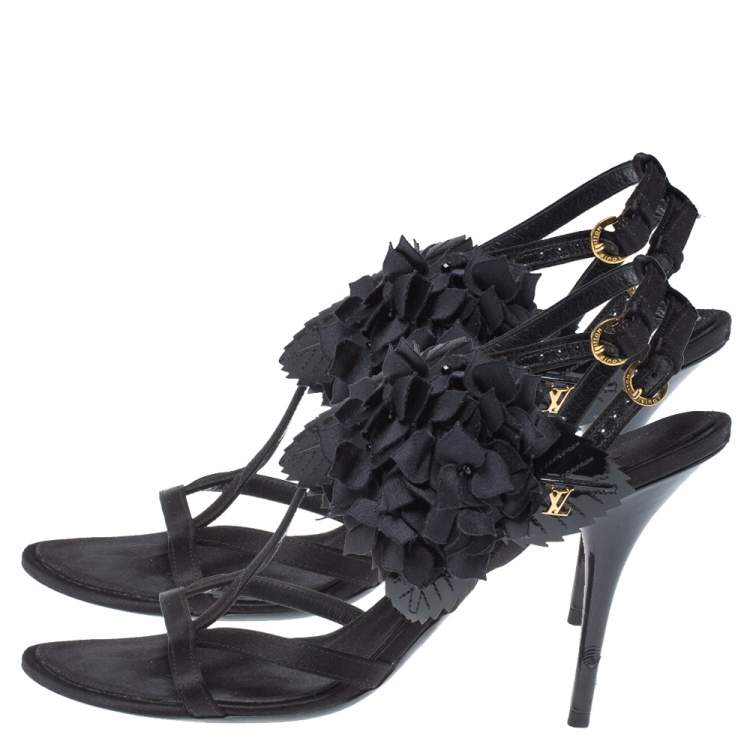 Pre Owned Louis Vuitton Black Satin And Patent Leather Flower Embellished Ankle Strap Sandal Size 39.5