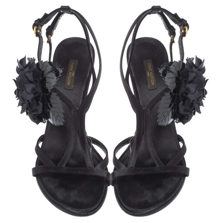 Pre Owned Louis Vuitton Black Satin And Patent Leather Flower Embellished Ankle Strap Sandal Size 39.5
