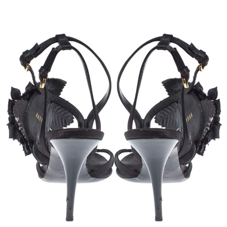 Pre Owned Louis Vuitton Black Satin And Patent Leather Flower Embellished Ankle Strap Sandal Size 39.5