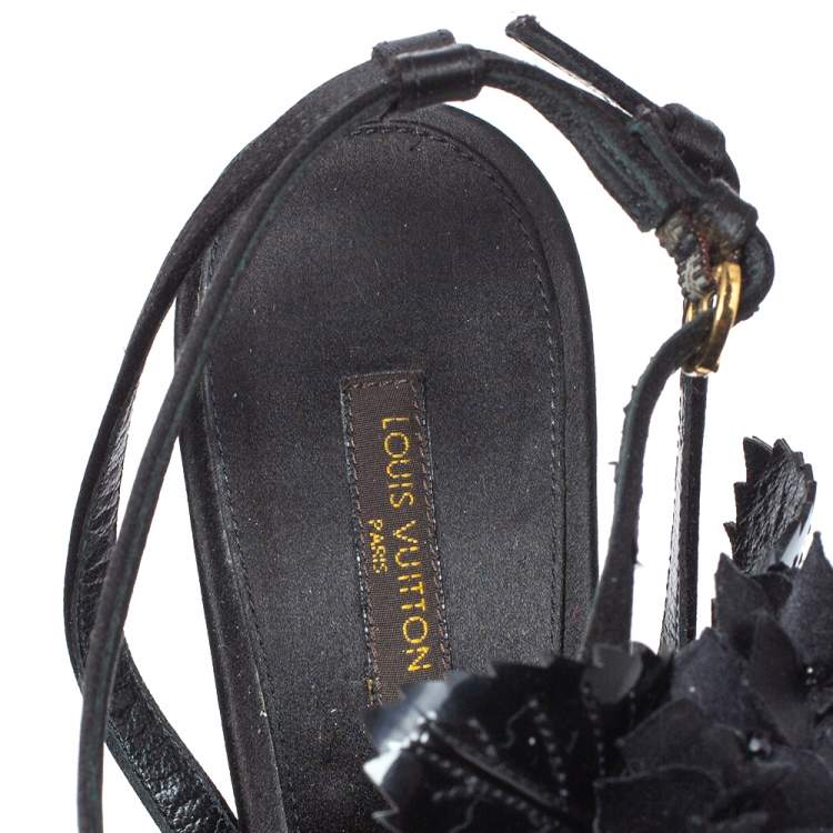 Pre Owned Louis Vuitton Black Satin And Patent Leather Flower Embellished Ankle Strap Sandal Size 39.5