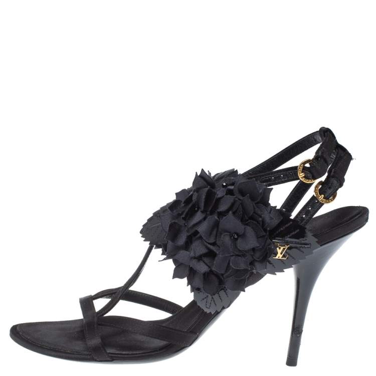 Louis Vuitton Black Satin And Patent Leather Flower Embellished Ankle Strap  S