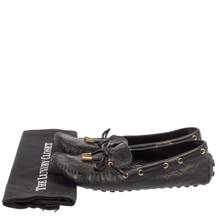 Pre Owned Louis Vuitton Black Monogram Empreinte Leather Gloria Flat Loafers Size 38.5