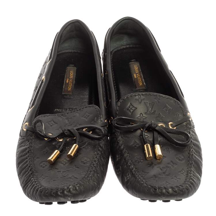 Pre Owned Louis Vuitton Black Monogram Empreinte Leather Gloria Flat Loafers Size 38.5