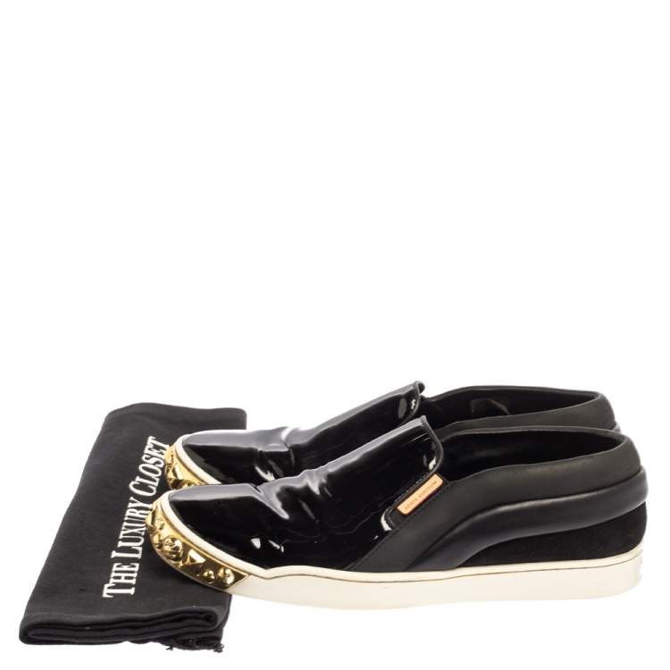 Pre Owned Louis Vuitton Black Patent Leather And Leather Gold Studded Tempo Slip On Sneakers Size 36