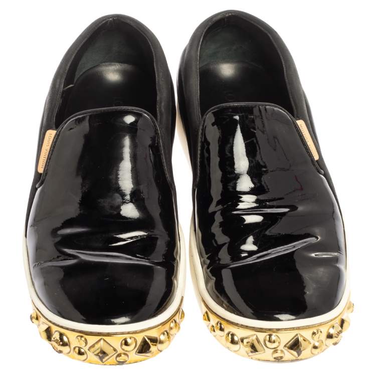 Pre Owned Louis Vuitton Black Patent Leather And Leather Gold Studded Tempo Slip On Sneakers Size 36