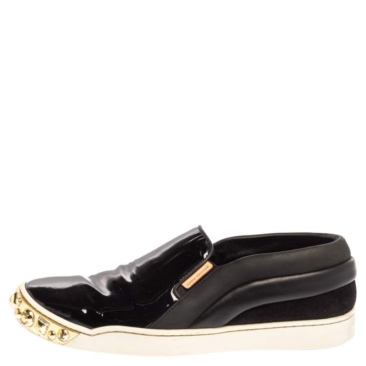 Pre Owned Louis Vuitton Black Patent Leather And Leather Gold Studded Tempo Slip On Sneakers Size 36
