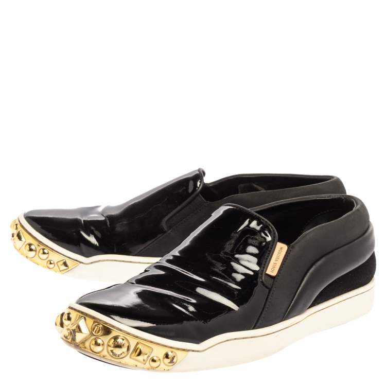 Pre Owned Louis Vuitton Black Patent Leather And Leather Gold Studded Tempo Slip On Sneakers Size 36