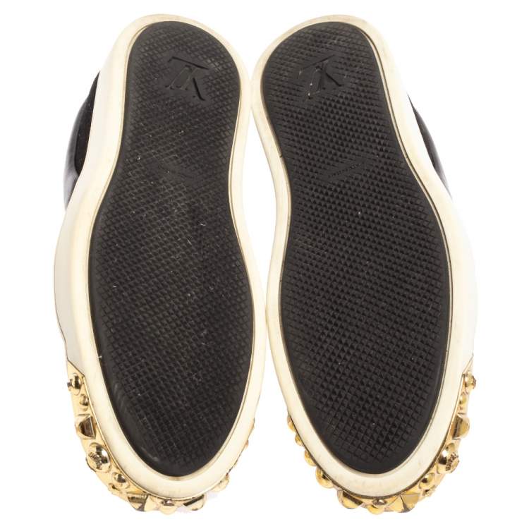 Pre Owned Louis Vuitton Black Patent Leather And Leather Gold Studded Tempo Slip On Sneakers Size 36
