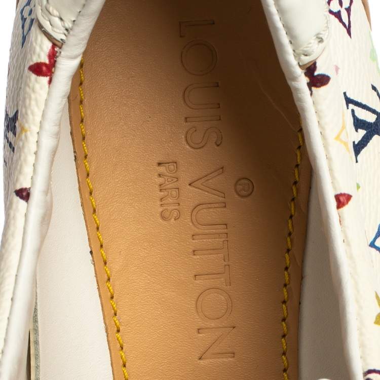 Pre Owned Louis Vuitton White Leather And Multicolor Monogram Canvas Lace Up Sneakers Size 40